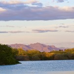 Superstitions mountains at sunset.