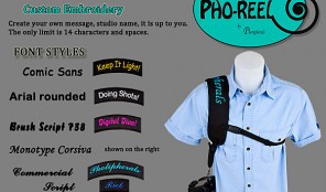 composite image of camera shoulderstrap and available colors & fonts for embroidery