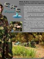 Composite image of Camo Rain Cape with logo, description, photographer in landscape