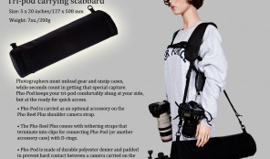 Tripod padded carrying case called Pho-Pod worn with Pho-Reel Plus camera shoulder strap